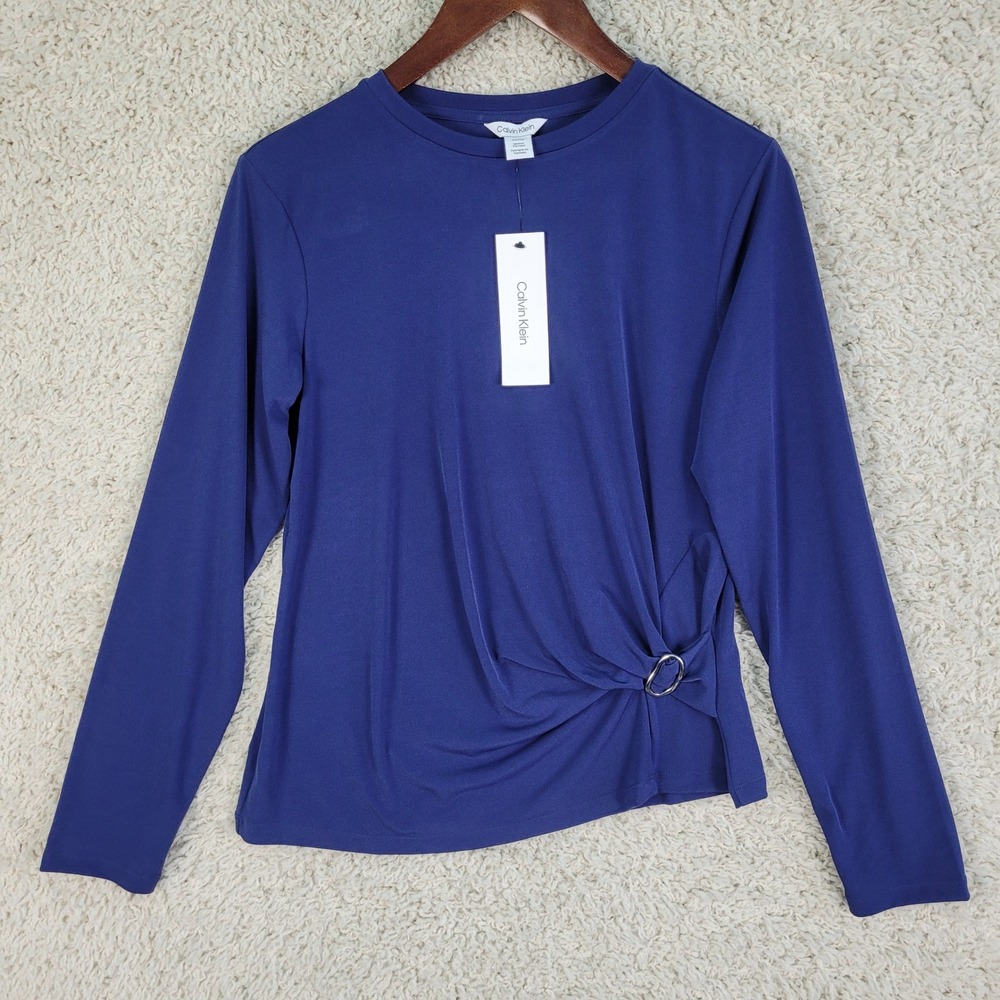Calvin Klein Top Size Small Midnight‎ Sail Blue Side Ring Ruched Long Sleeve NEW